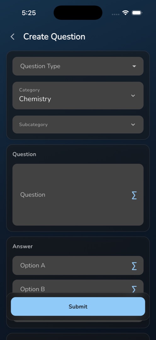 The empty Create Question form with Question Type, Category and Subcategory