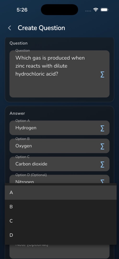 The Answer card with four options filled and the Answer dropdown open