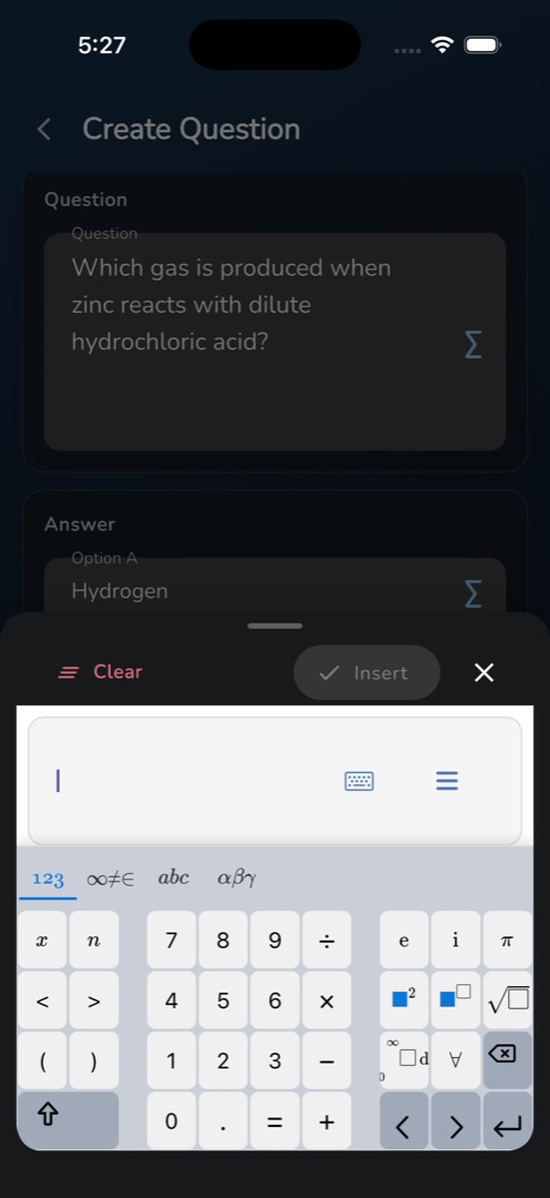 The maths keyboard sheet with Clear, Insert and the close button