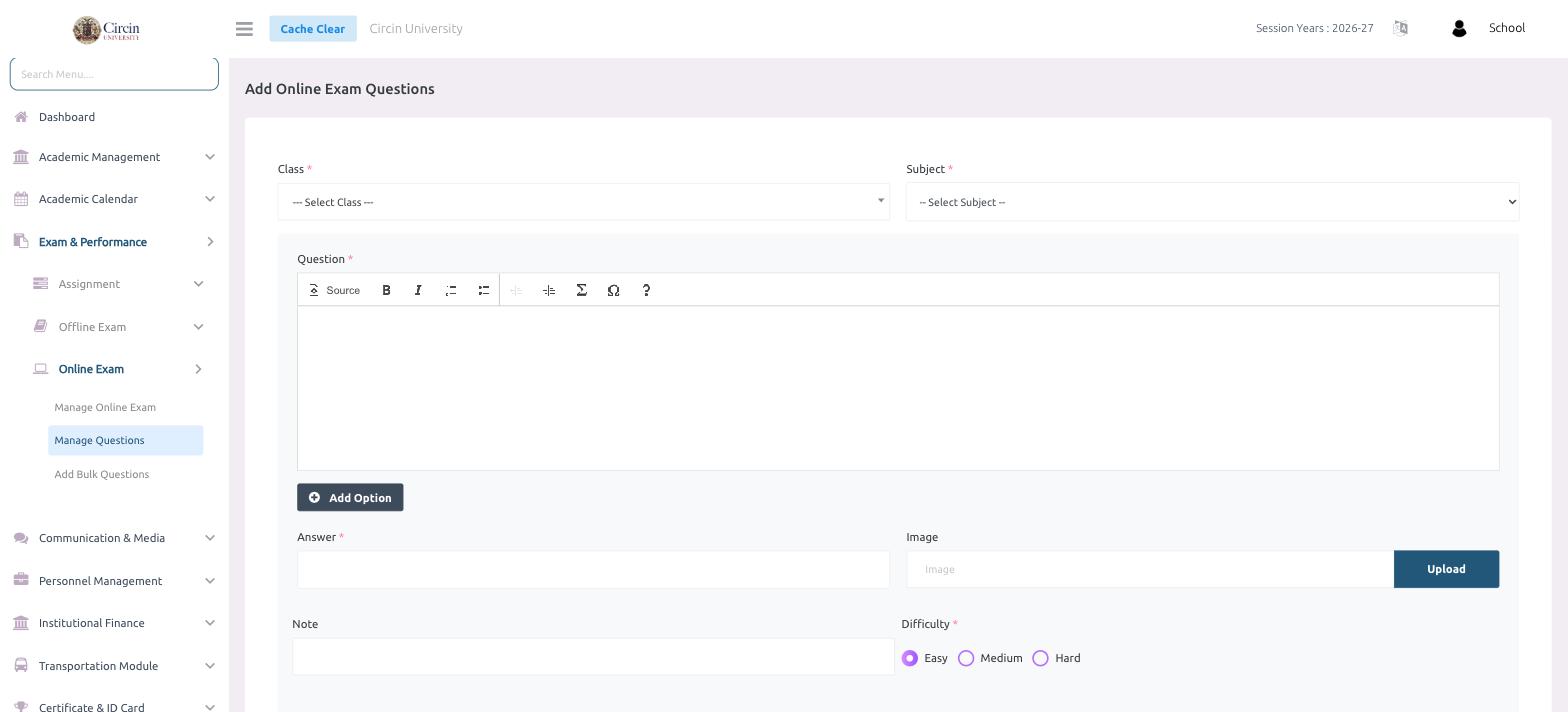 Add Online Exam Questions page in Circin with Class and Subject dropdowns, a rich-text Question editor, Add Option button, Answer field, Image upload, Note, and Easy/Medium/Hard difficulty options