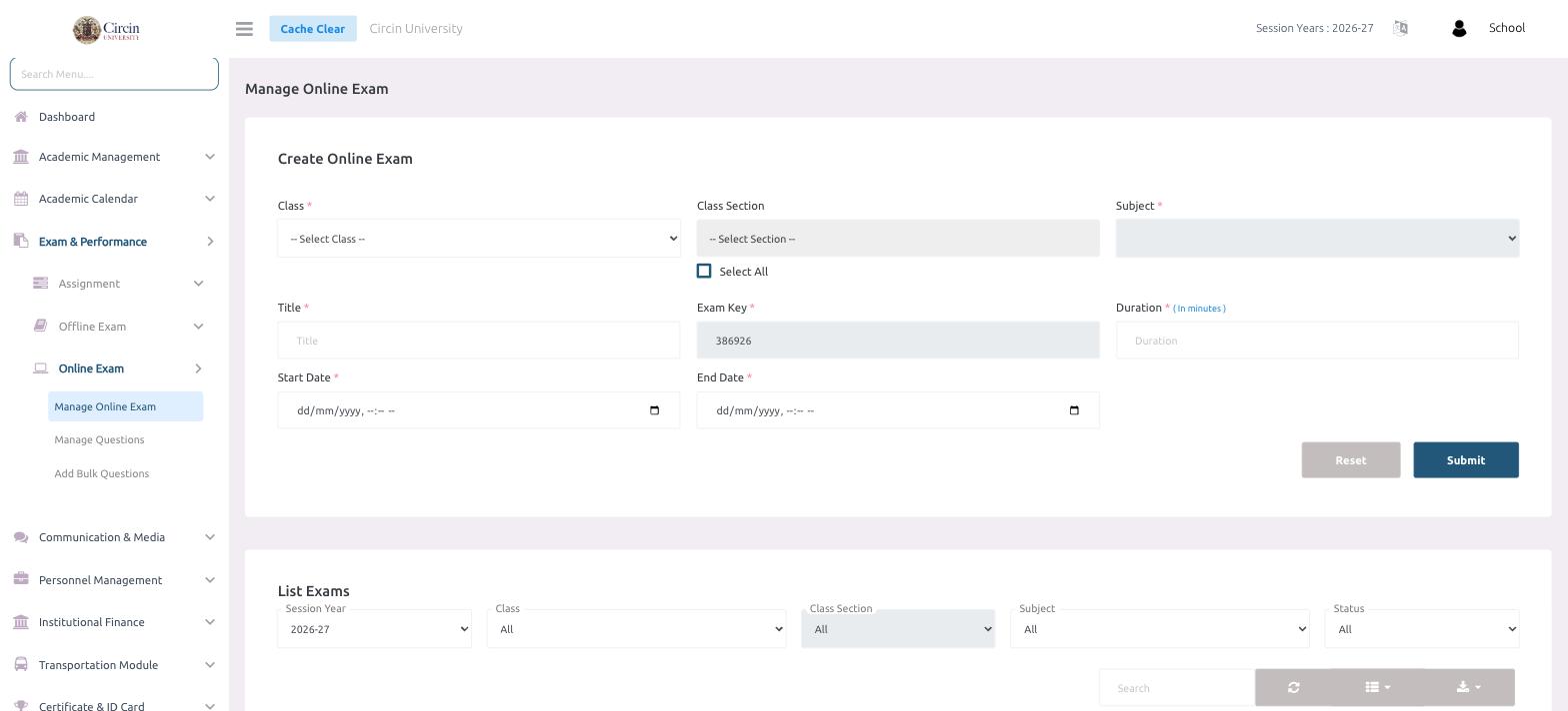 Manage Online Exam page in Circin showing the Create Online Exam form with Class, Class Section, Subject, Title, Exam Key, Duration, Start Date, and End Date fields