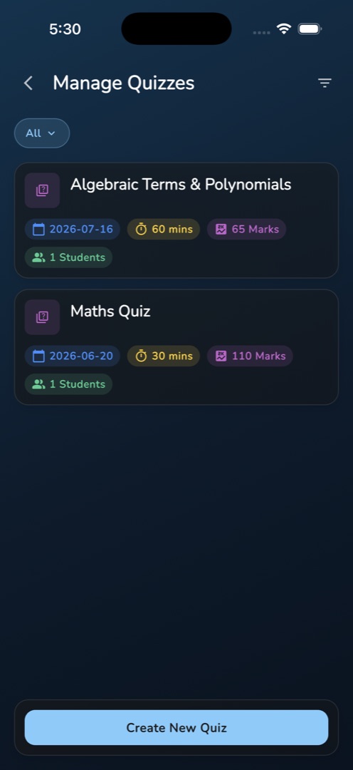 Manage Quizzes with the status pill and each quiz card four meta chips