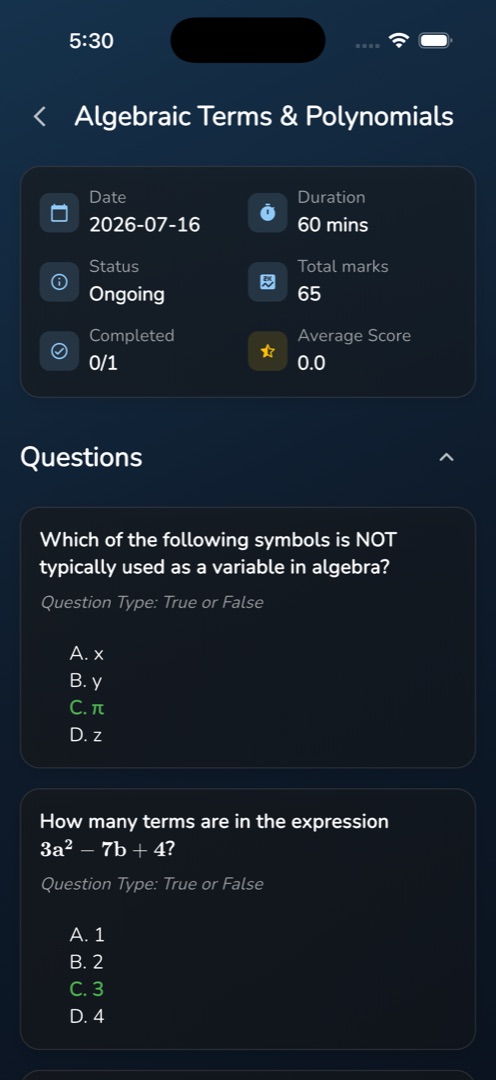 The quiz detail summary card with a question showing the correct option in green