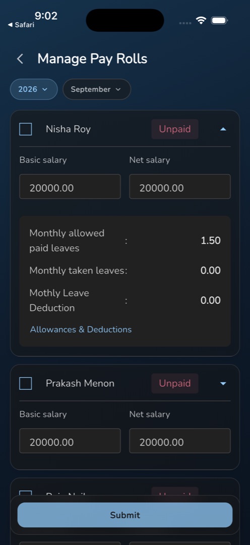 A payroll row expanded, showing the three leave lines and the editable Net salary
