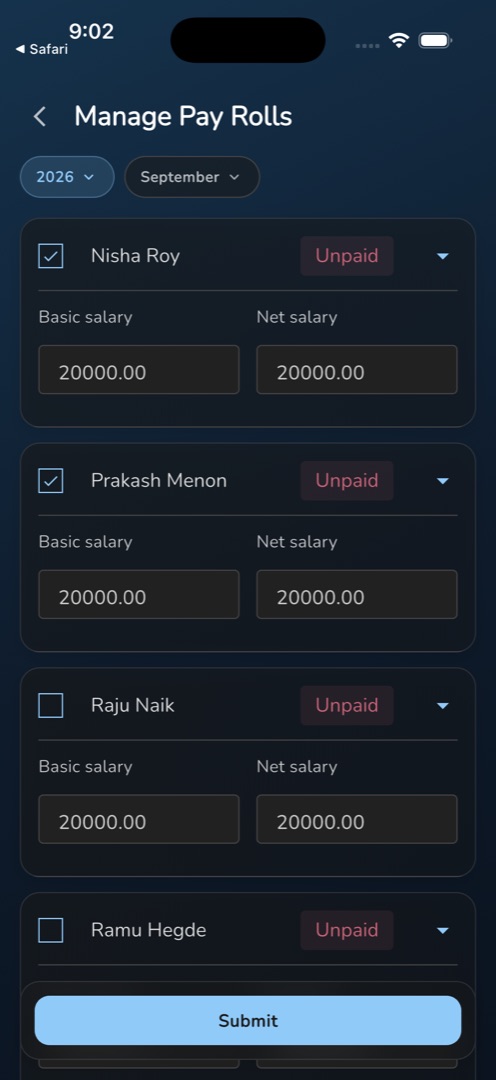 Two payroll rows ticked with the Submit bar active