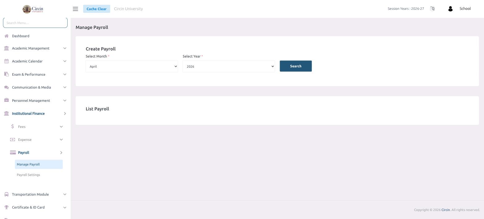 Manage Payroll page in Circin with the Create Payroll month and year selectors, a Search button, and the List Payroll section