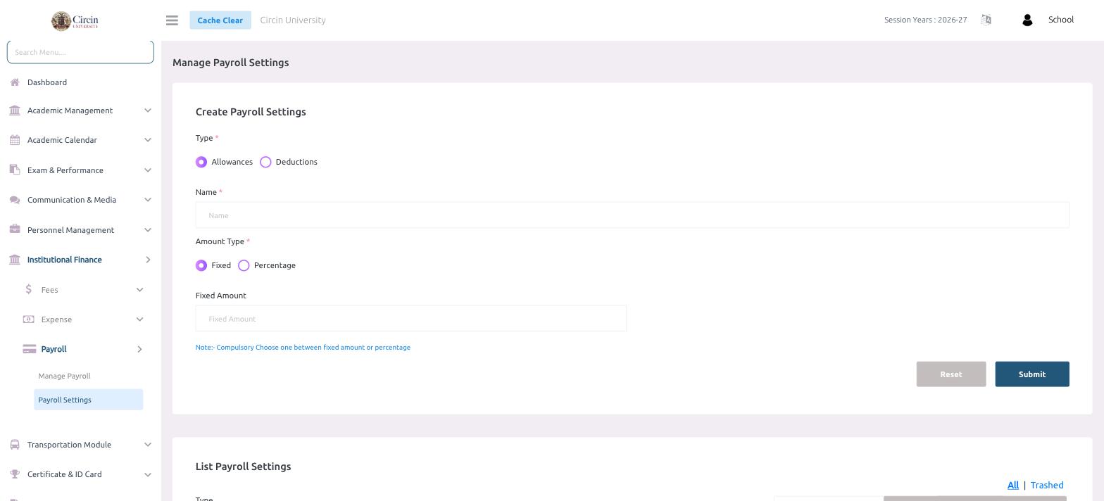 Manage Payroll Settings page in Circin with the Create Payroll Settings form — Type, Name, Amount Type and Fixed Amount fields