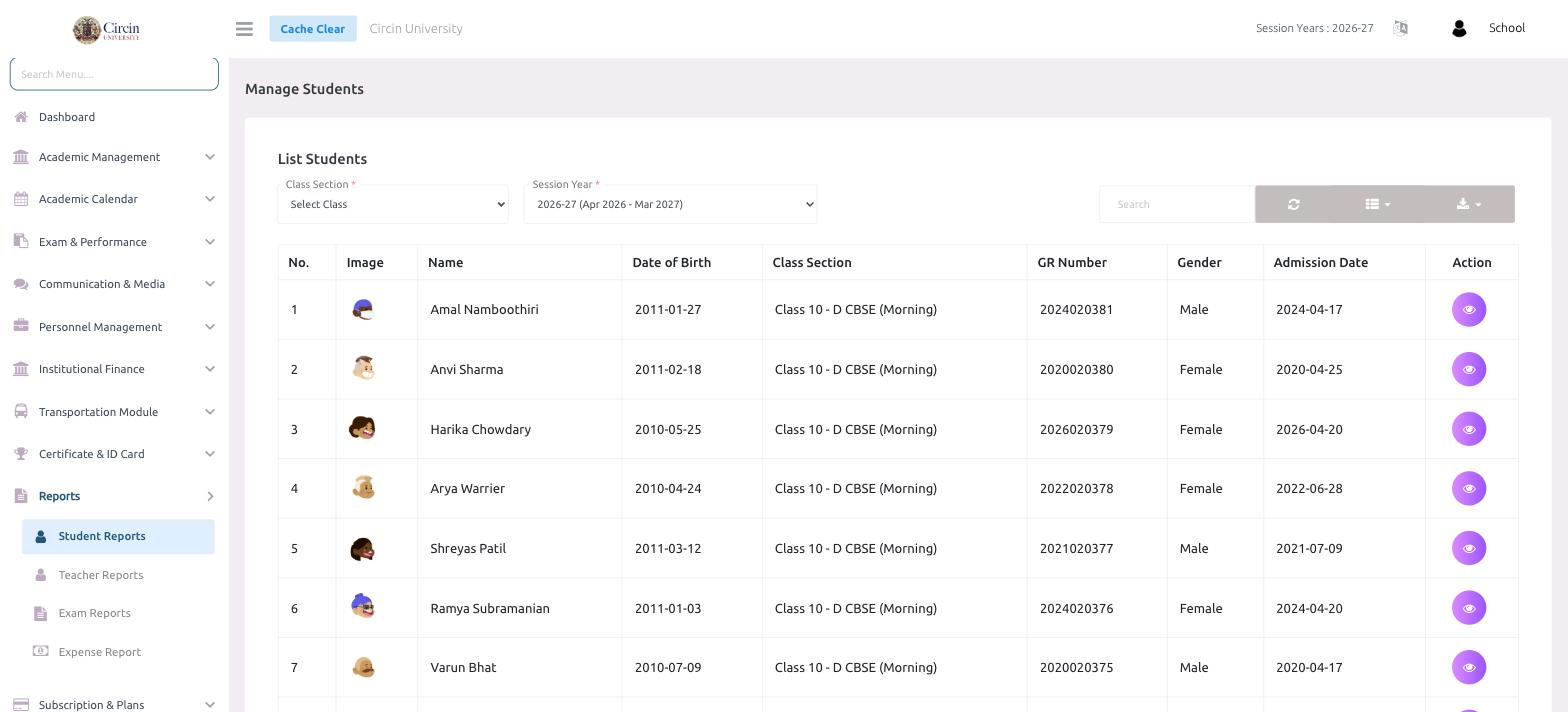 Circin Student Reports page listing students with image, name, date of birth, class section, GR number, gender and admission date