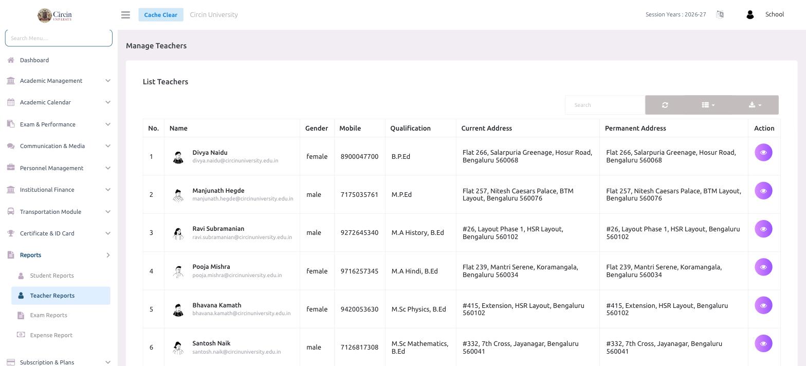 Circin Teacher Reports page listing teachers with name, gender, mobile, qualification, current address and permanent address