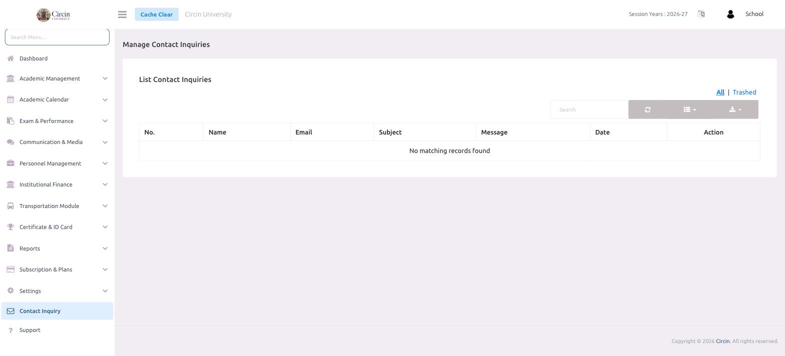 Circin Manage Contact Inquiries page with a table for name, email, subject, message and date, showing no matching records