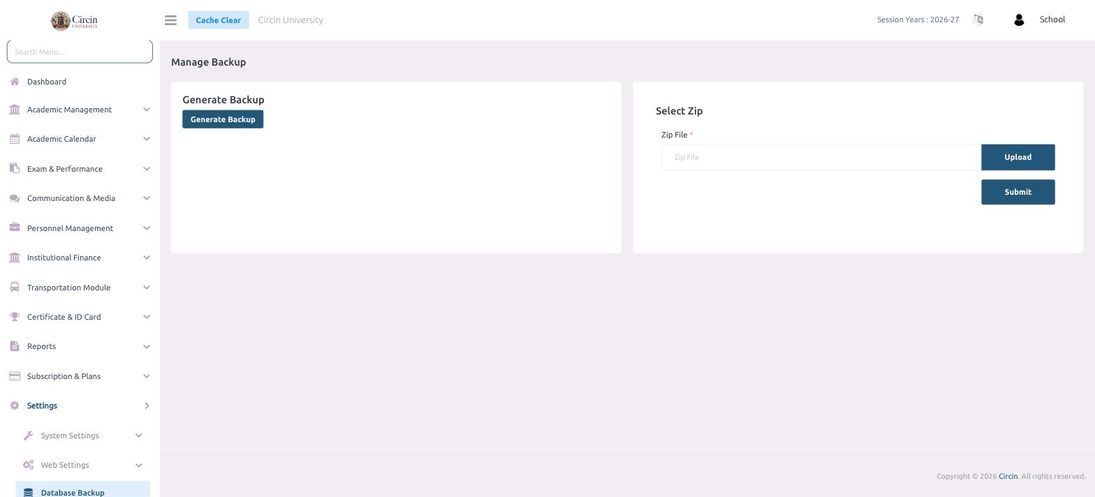 Circin Manage Backup page with a Generate Backup button on the left and a Select Zip upload-and-submit panel on the right