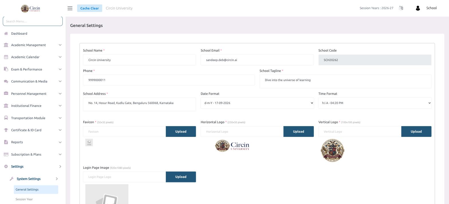 Circin General Settings page with school name, email, code, phone, tagline, address, date and time format selectors, and logo uploads