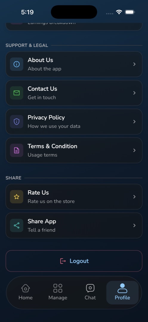 The Profile tab scrolled to the Support & Legal group with its four rows