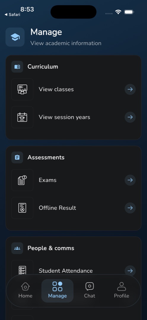 The Manage tab showing the View session years entry under Curriculum