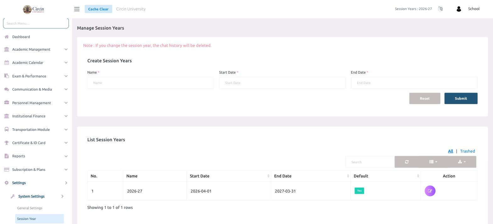 Circin Manage Session Years page with the create form for name, start date and end date, and a list of existing session years