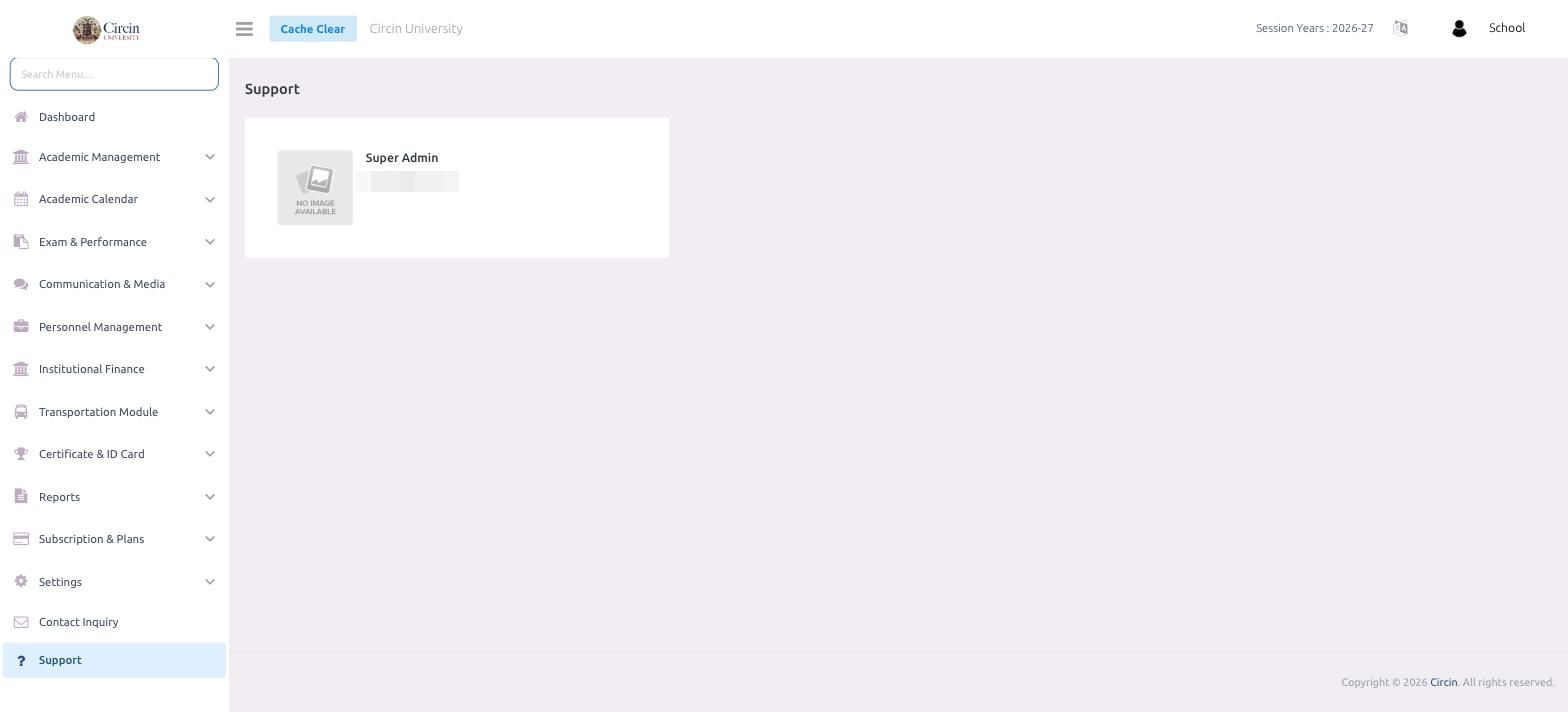 Circin Support page showing the Super Admin support contact card with an email address