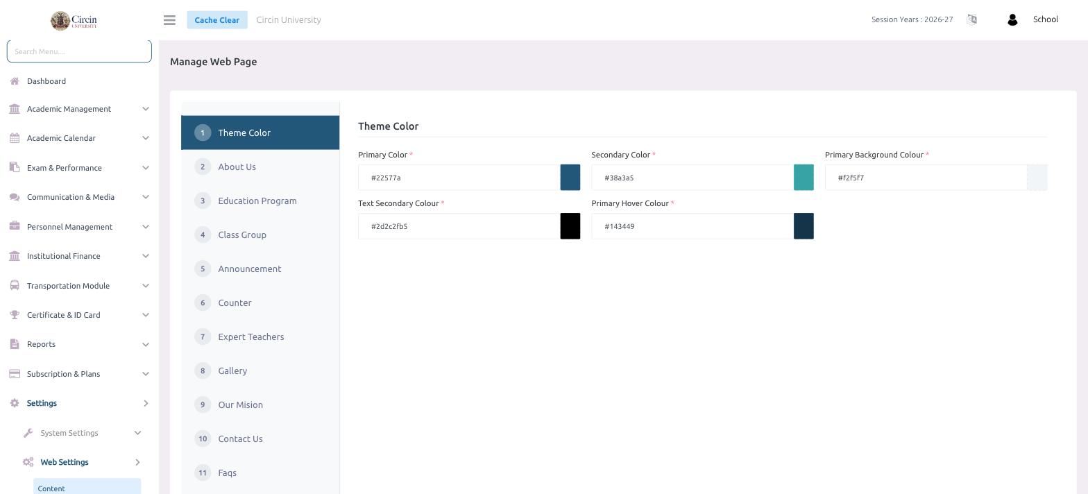 Circin Manage Web Page screen with numbered content tabs on the left and the Theme Color colour pickers on the right