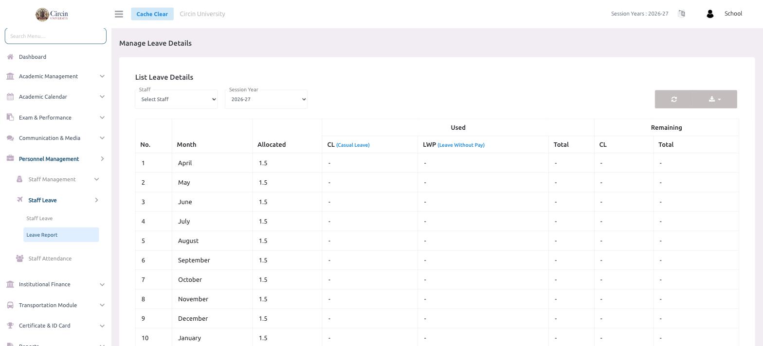 Manage Leave Details page in Circin showing a per-month table of Allocated, Used (CL and LWP) and Remaining leave