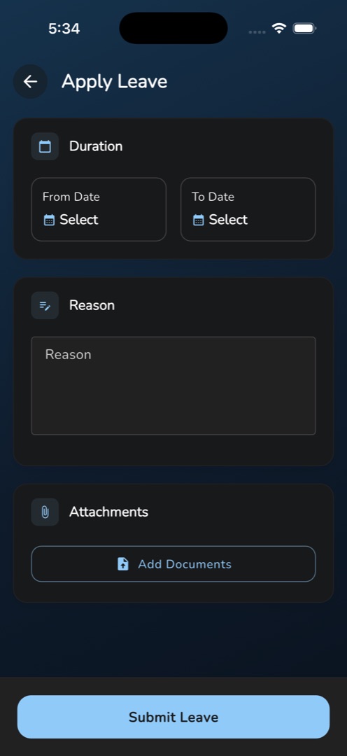 The empty "Apply Leave" form with the Duration, Reason and Attachments cards
