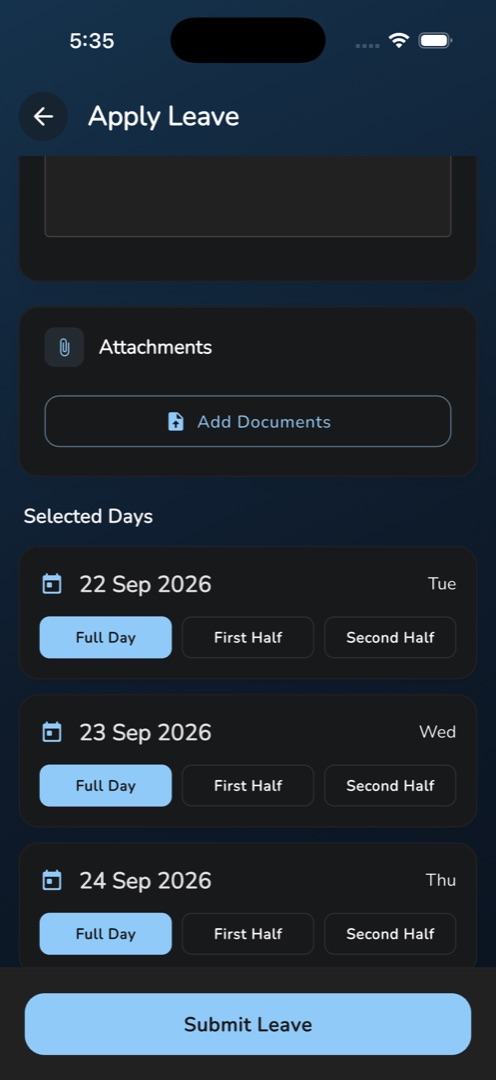 The "Selected Days" list with Full Day / First Half / Second Half toggles