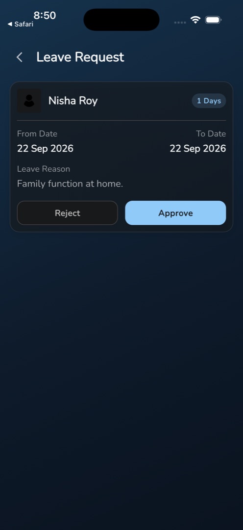 The Leave Request list with a name, Days chip, From and To dates and the reason