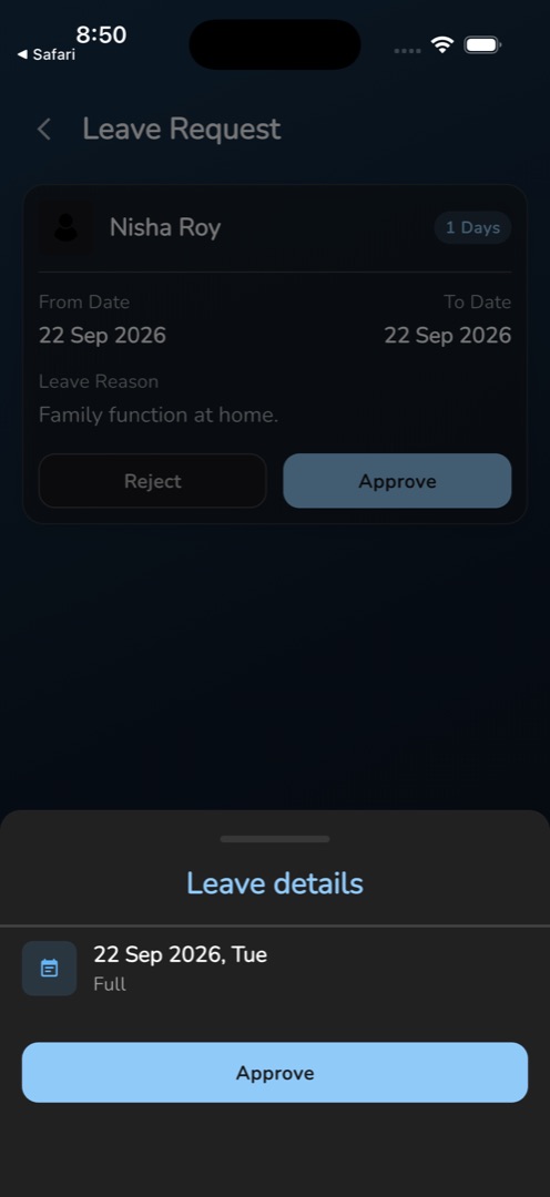 The Leave details sheet with the day rows and the Approve button