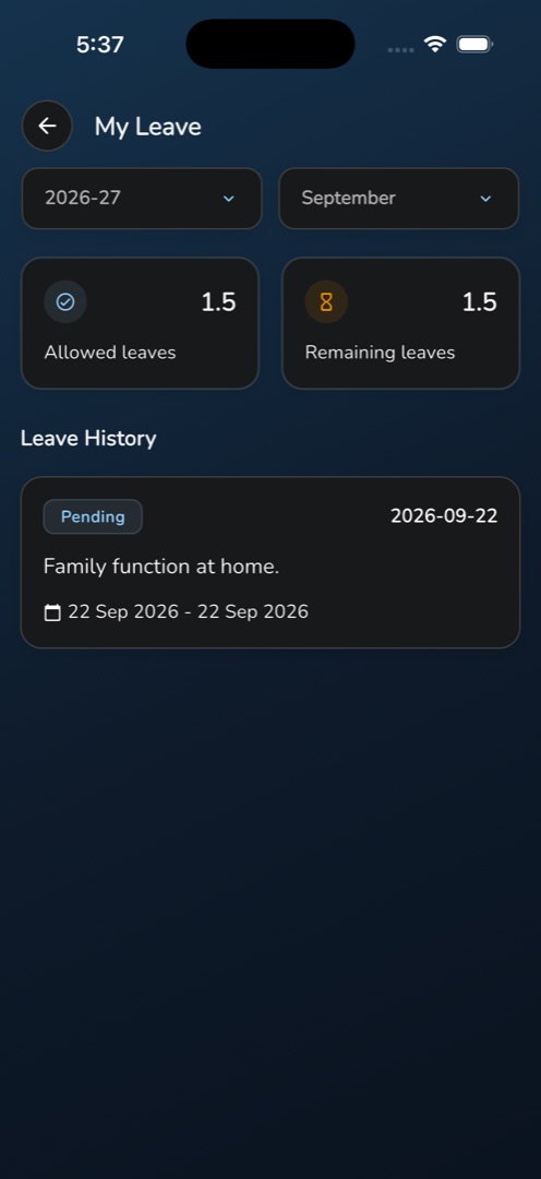"My Leave" with the Allowed leaves / Remaining leaves cards and the two filters