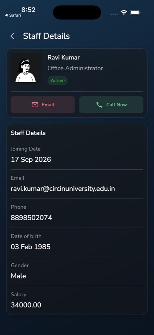 Staff Details with the Email and Call Now buttons and the details card