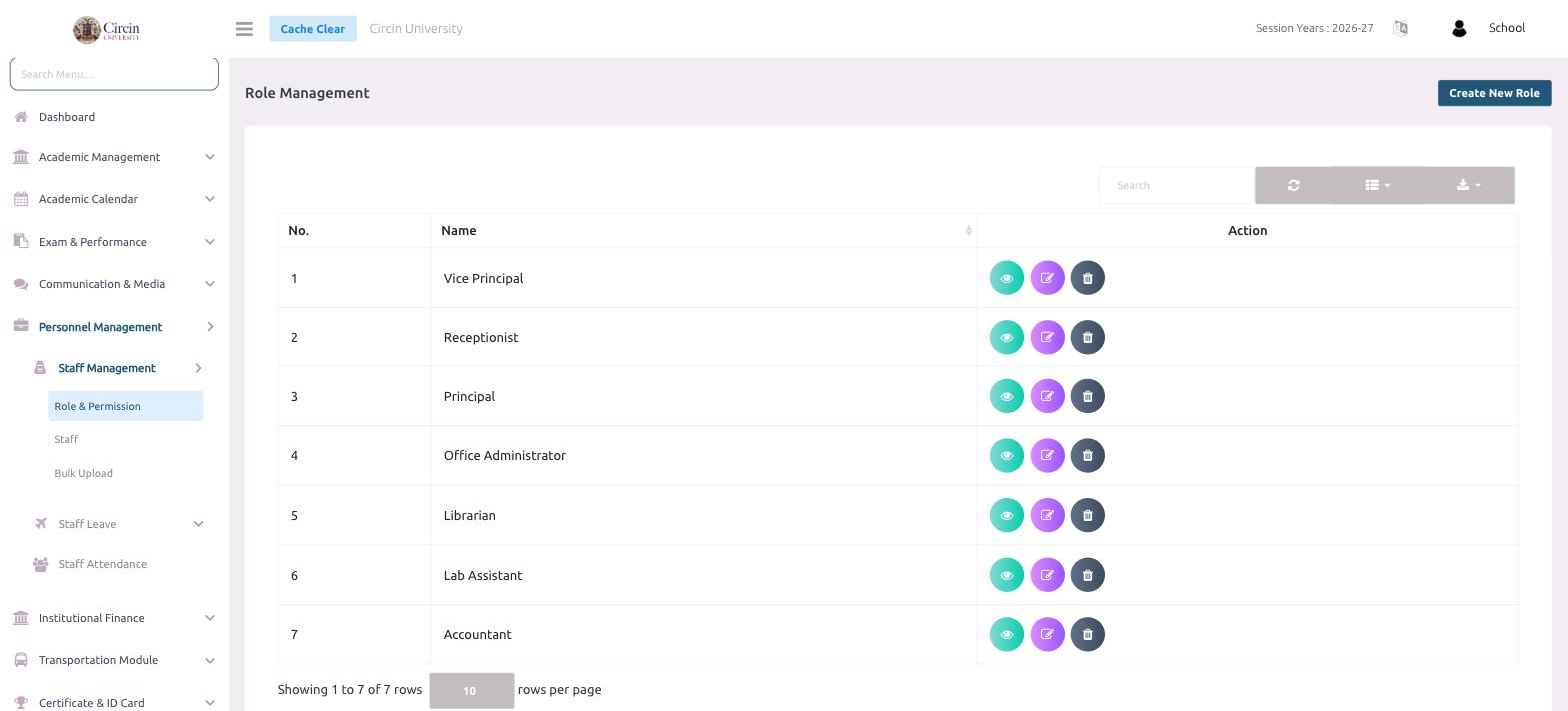 Role Management page in Circin listing roles like Vice Principal, Receptionist, Principal, Office Administrator, Librarian, Lab Assistant and Accountant