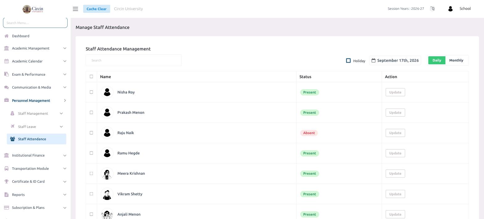 Manage Staff Attendance page in Circin listing staff with Present or Absent status and an Update action per row