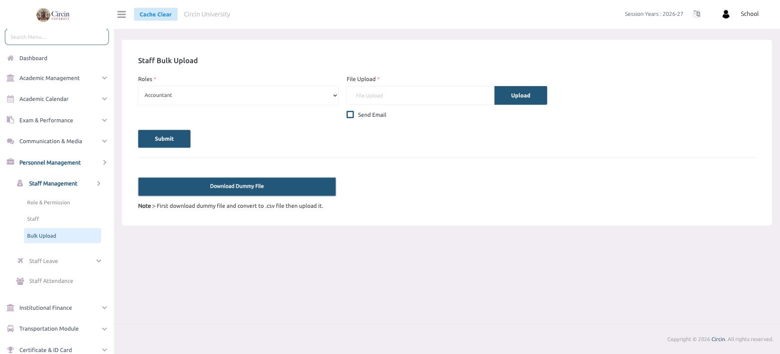 Staff Bulk Upload page in Circin with a Roles dropdown, File Upload field, Send Email checkbox, Submit button and Download Dummy File button