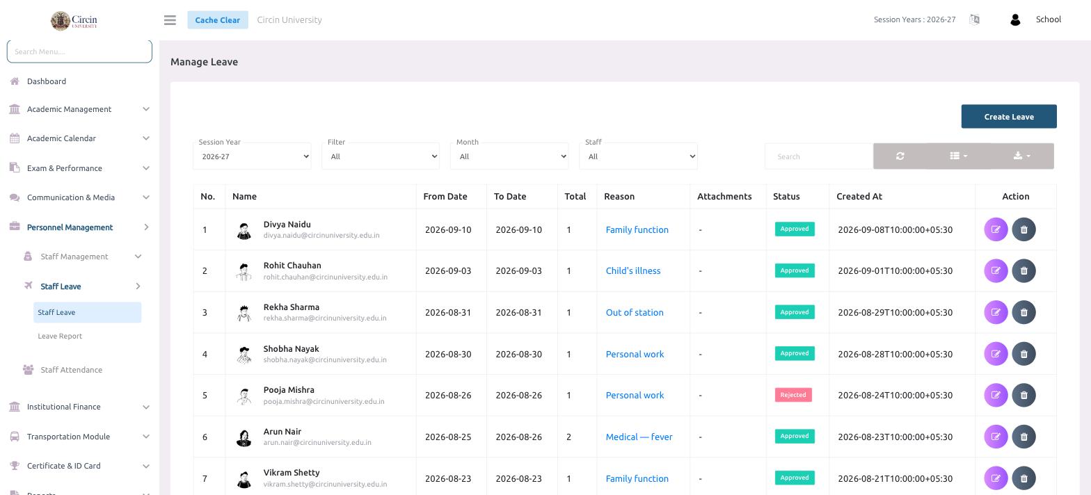 Manage Leave page in Circin listing staff leave with From Date, To Date, Total, Reason and Approved or Rejected status