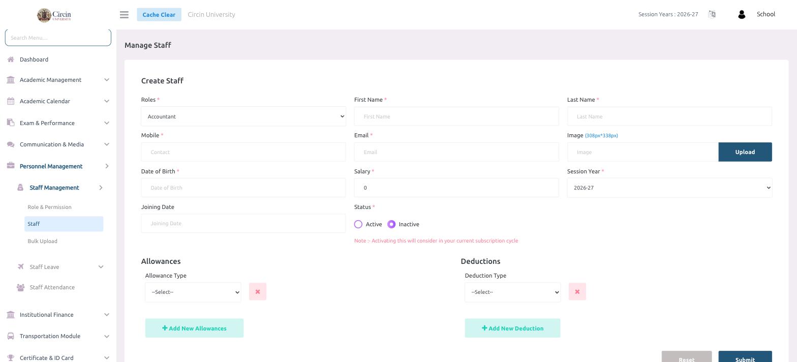 Manage Staff page in Circin with the Create Staff form showing role, name, contact, salary, status and Allowances / Deductions sections