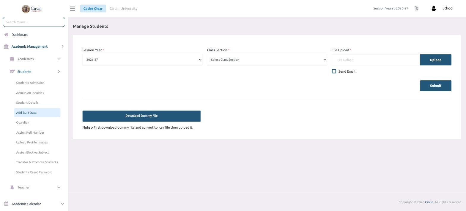 Circin Add Bulk Data screen — Session Year, Class Section, and File Upload fields with a Send Email option and a Download Dummy File button