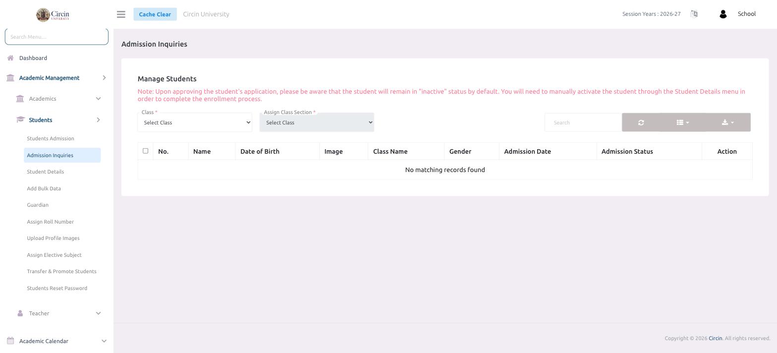 Circin Admission Inquiries screen — class and section filters above a table of applicants with admission status and actions