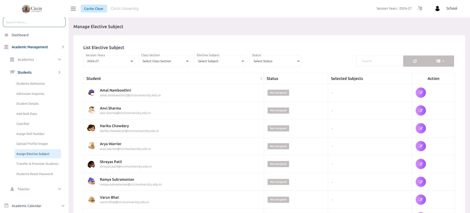 Circin Assign Elective Subject list — students with an assignment status and selected subjects, filtered by session, class section, subject, and status