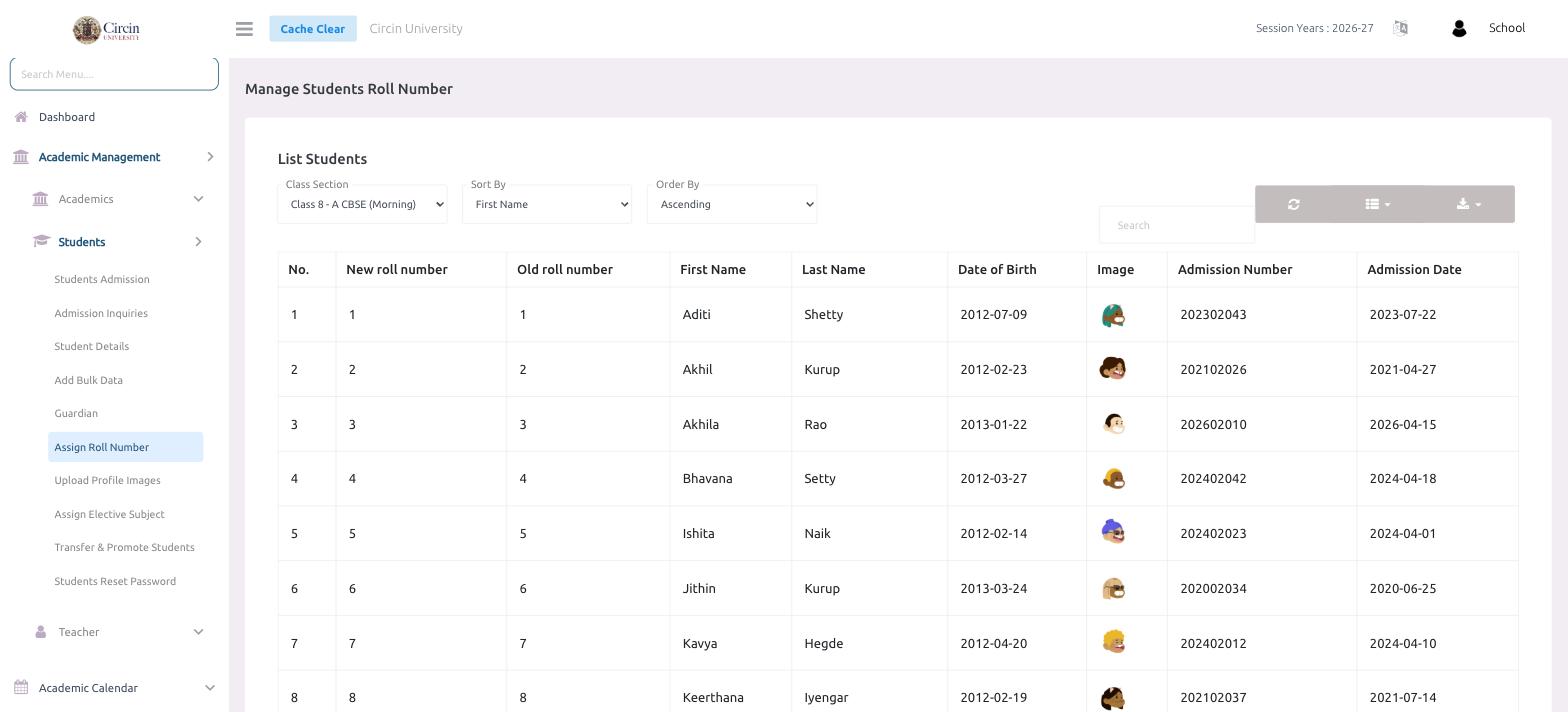 Circin Assign Roll Number screen — a class section's students with new and old roll numbers, sortable by name and order