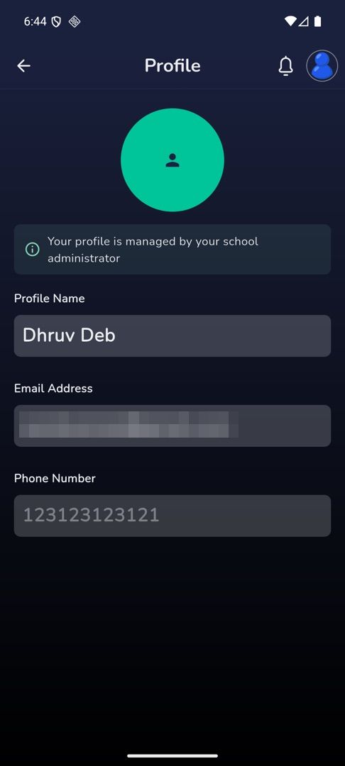 The read-only profile with the "managed by your school administrator" banner