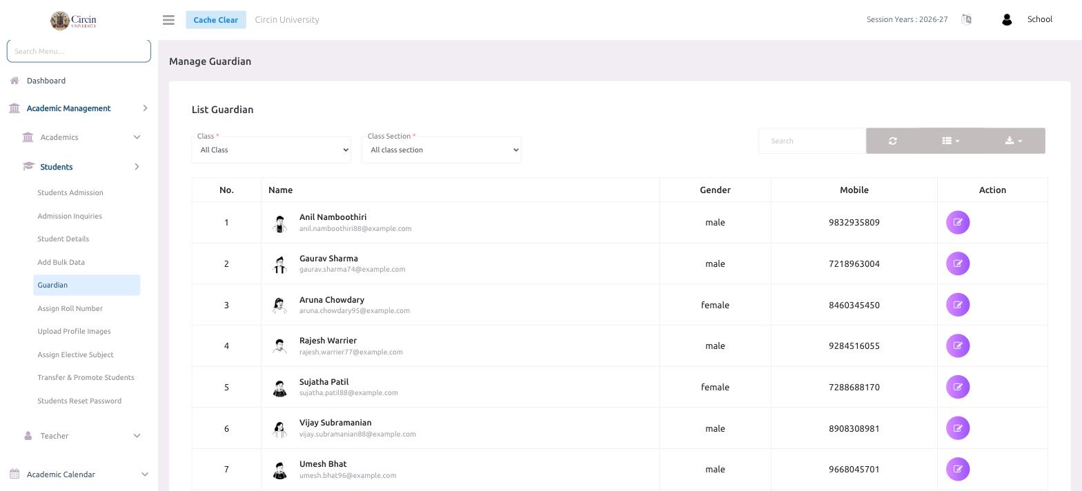 Circin Manage Guardian list — guardians with name, email, gender, and mobile number, filtered by class and section
