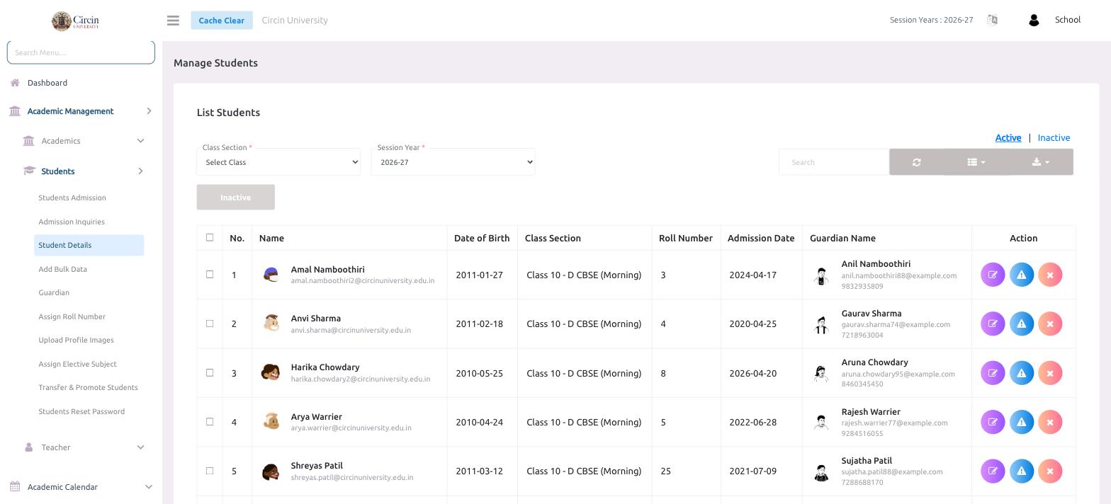 Circin Student Details list — students with class section, roll number, admission date, and guardian details, filtered by class and session year