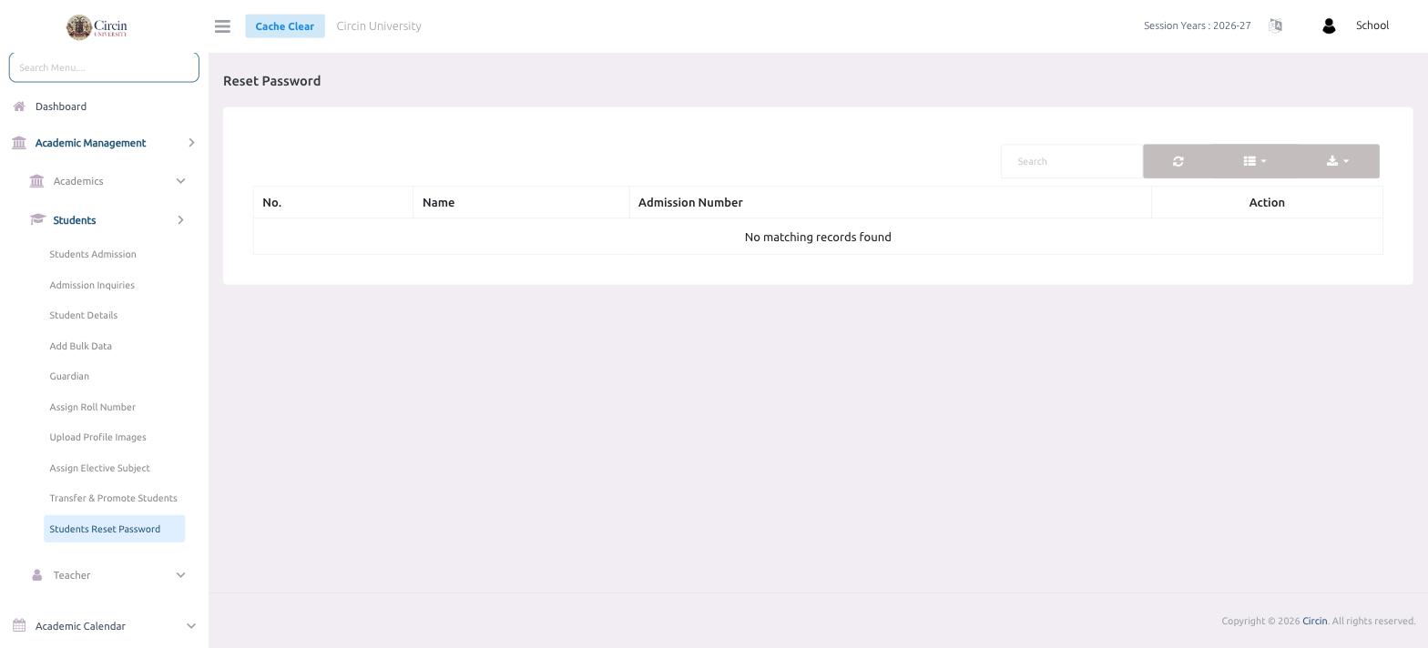 Circin Reset Password screen for students — a search box above a table of No., Name, Admission Number, and Action