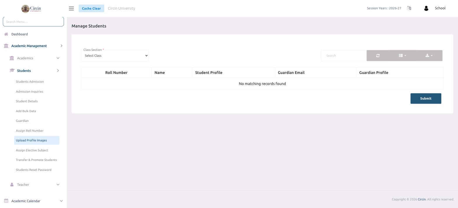 Circin Upload Profile Images screen — a class section selector above a table of roll number, name, student profile, guardian email, and guardian profile