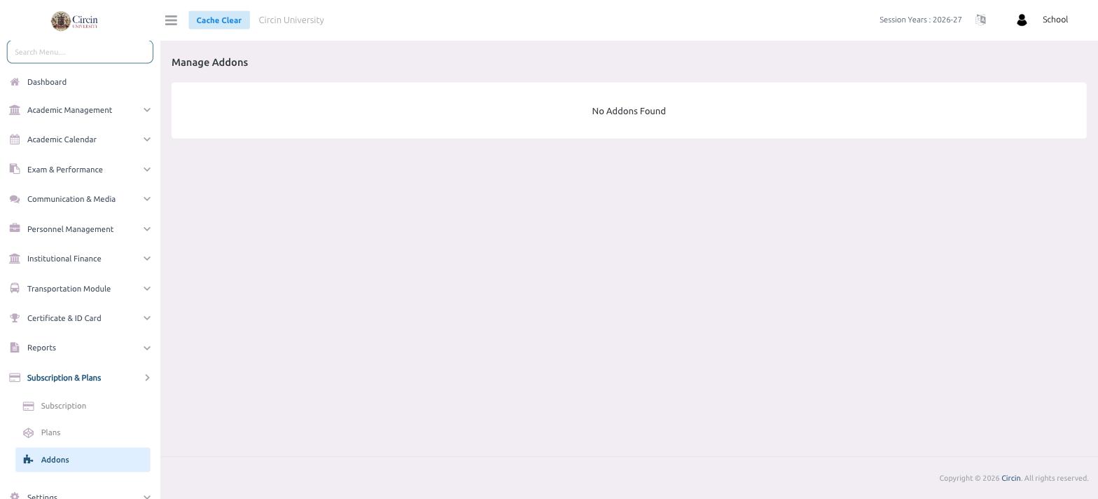 Circin Manage Addons page showing the No Addons Found message when no add-ons are available