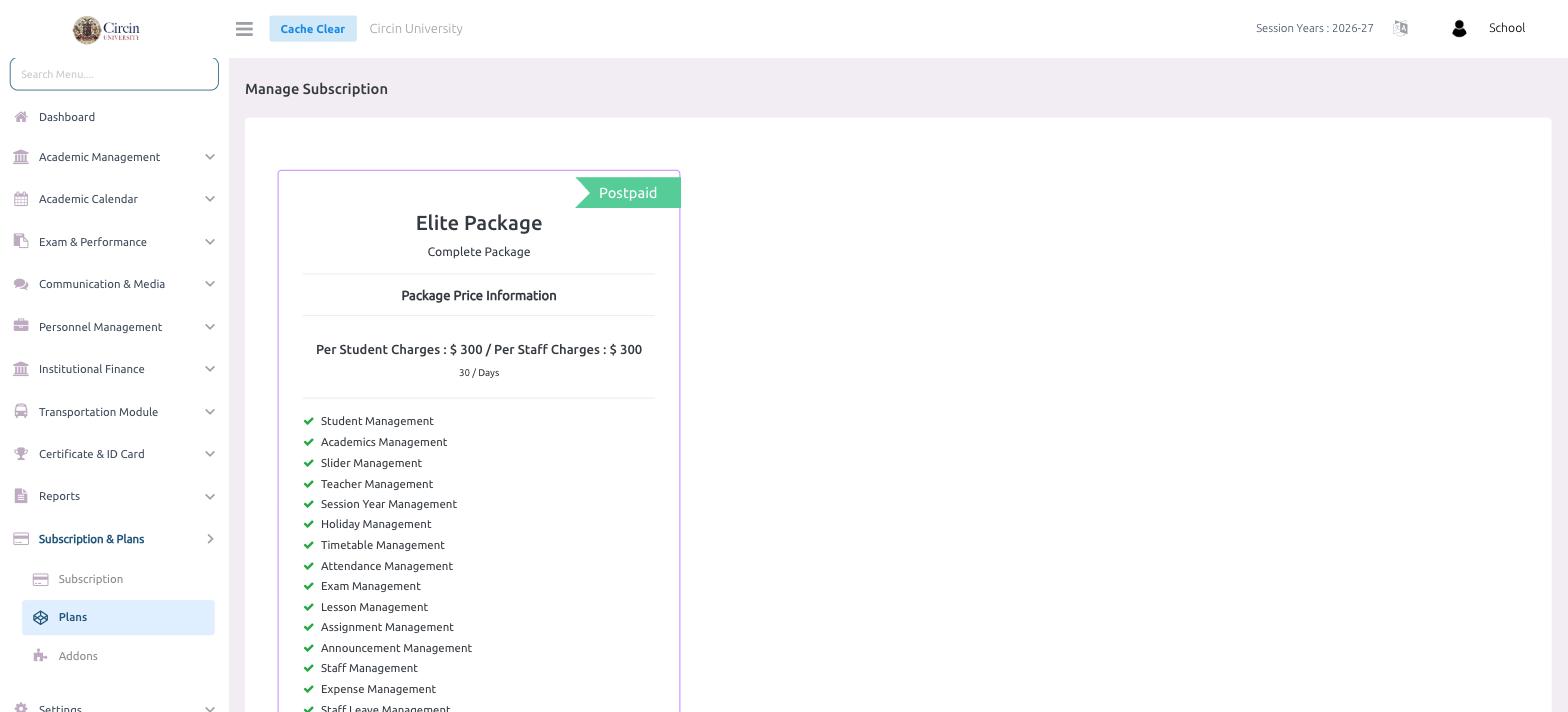 Circin Plans page showing the Elite Package card with a Postpaid ribbon, per-student and per-staff charges, a 30-day cycle and a ticked feature list