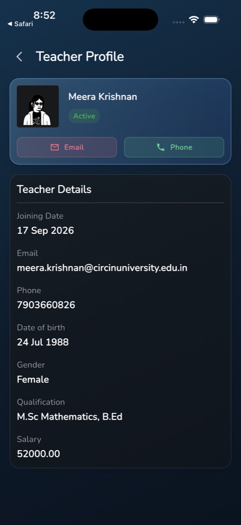 Teacher Profile with the Teacher Details card
