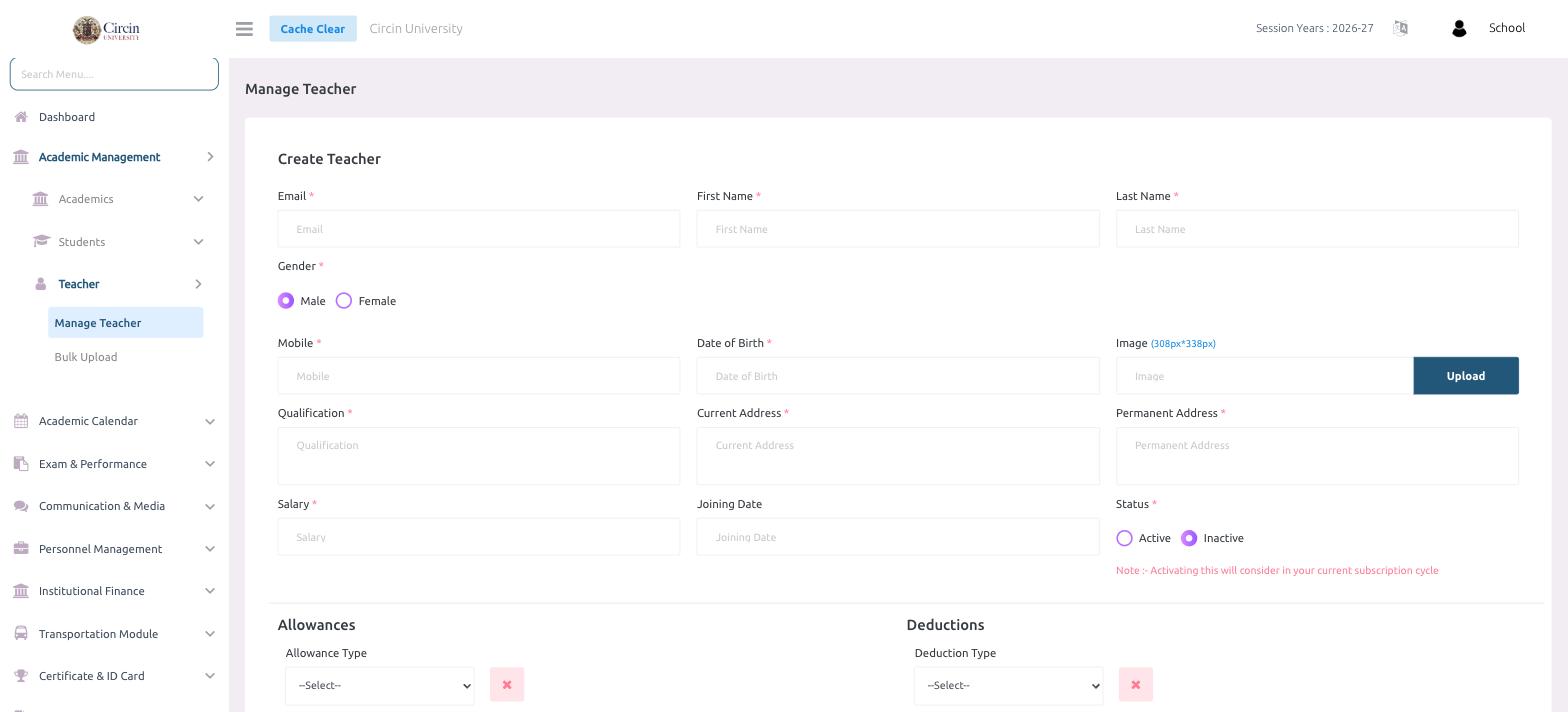 The Create Teacher form in Circin with Email, First Name, Last Name, Gender, Mobile, Date of Birth, Image upload, Qualification, addresses, Salary, Joining Date and Status fields
