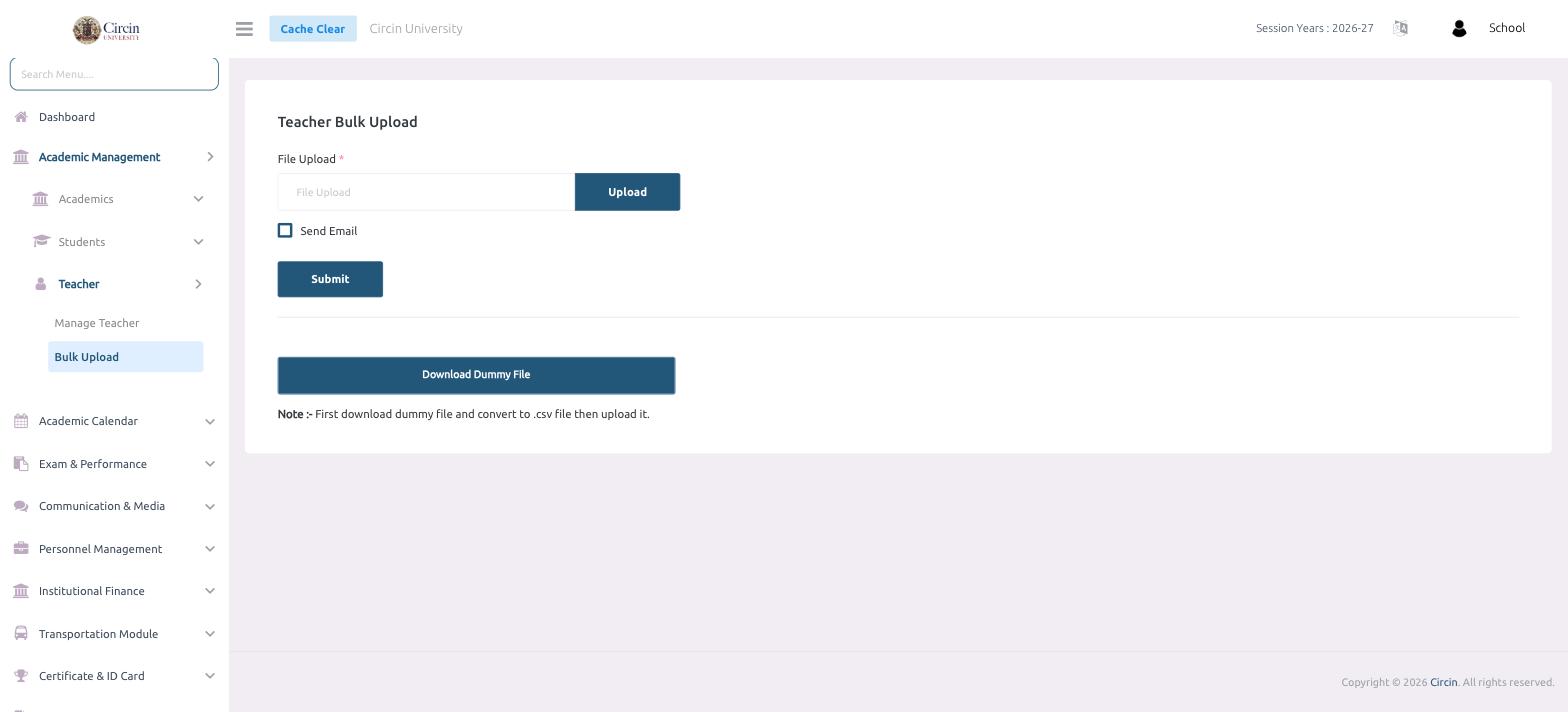 The Teacher Bulk Upload page in Circin showing the File Upload field, a Send Email checkbox, a Submit button and a Download Dummy File button