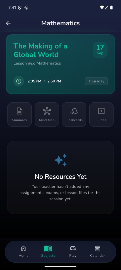 The session header card with the four material icons beneath it