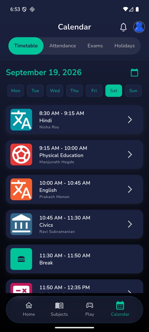 Calendar → Timetable with the day chips and a list of periods