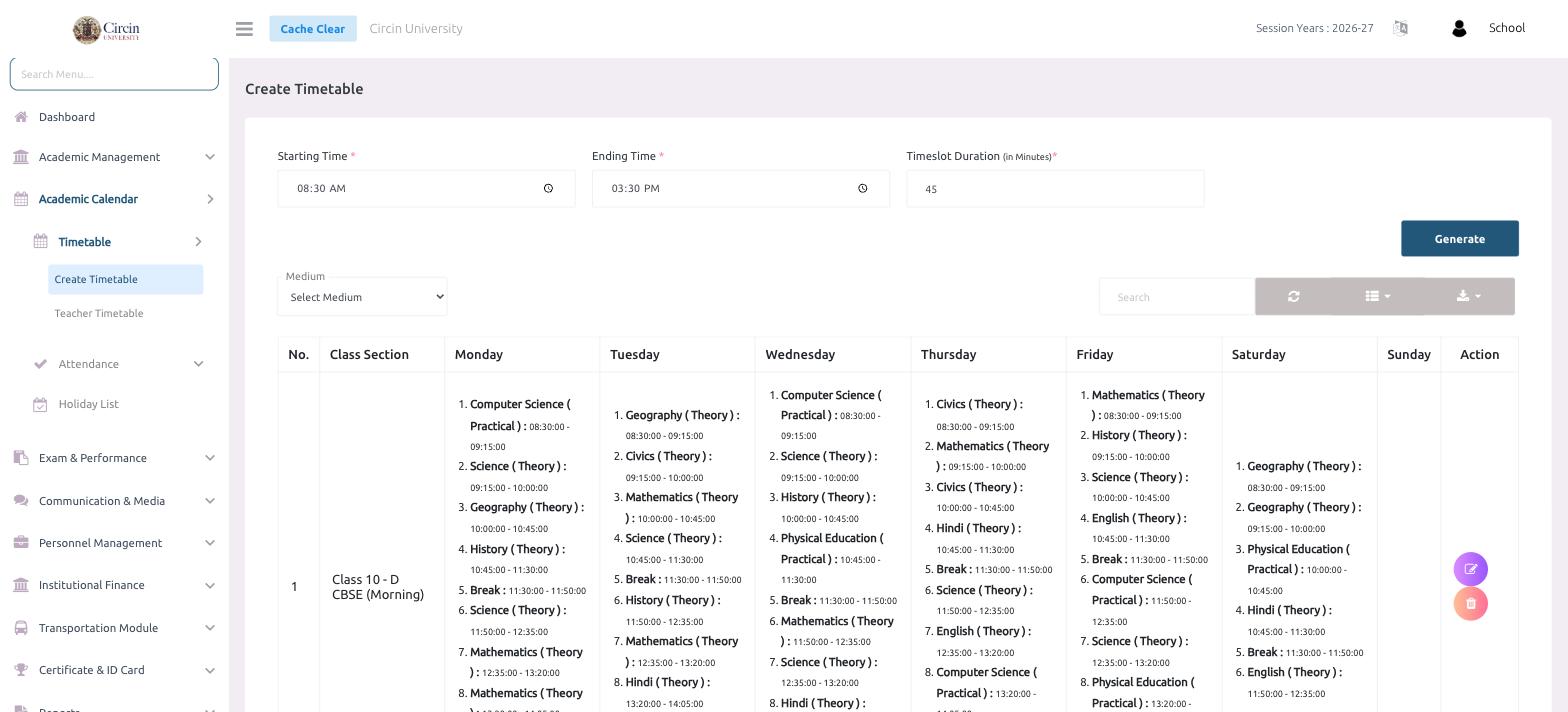 Create Timetable screen in Circin showing Starting Time, Ending Time and Timeslot Duration fields with a generated weekly grid for Class 10-D CBSE (Morning)